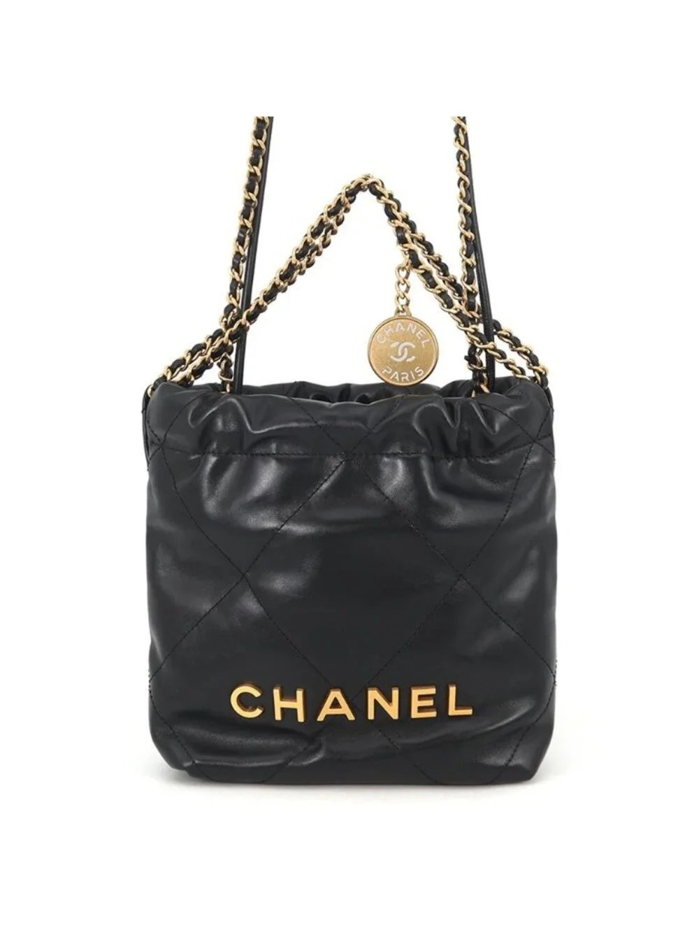 Chanel Handbag 22 Mini CC Logo Shiny Calf Leather 2-Way Shoulder Black
